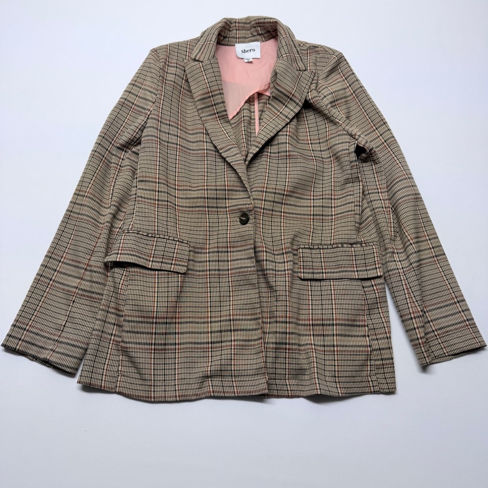 Shero Glen Plaid Single Button Blazer Pink Lining Tan Brown Small